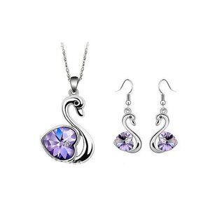 Sterling Silver Purple Crystal Summer Swan Necklace Purple Swan Earrings Set